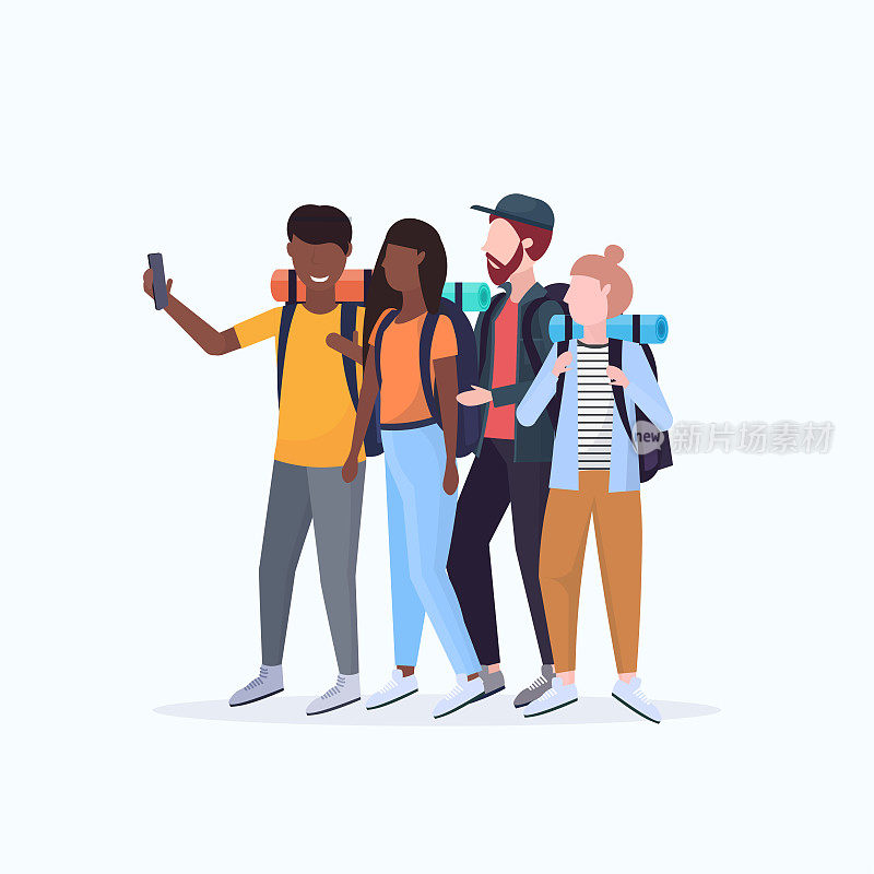 group tourists hikers with backpacks taking selfie photo on smartphone camera hiking concept mix race travelers on hike full length white background flat